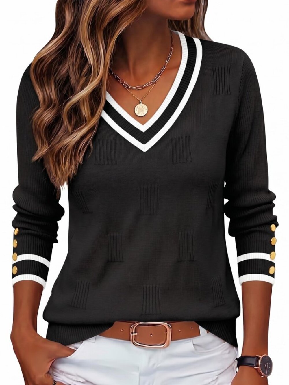 Womens V Neck Sweaters Long Sleeve Lightweight with Buttons Oufits